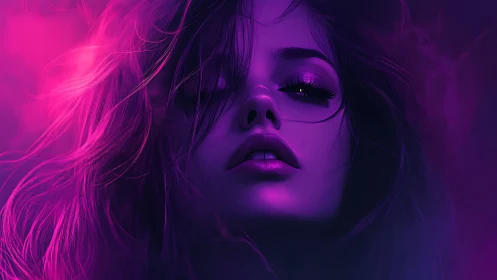 Digital female portrait uses neon magenta and violet lighting