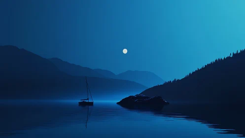 Moonlit sailboat rests on still blue mountain lake.