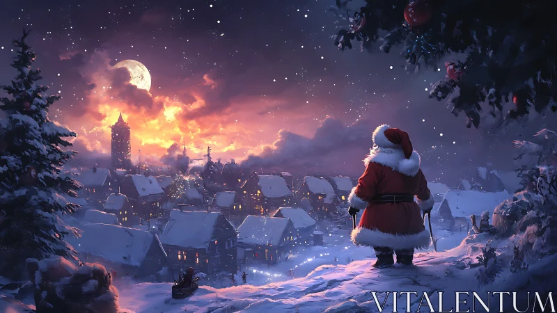 Snow-covered town observed by red-clad figure at dusk.