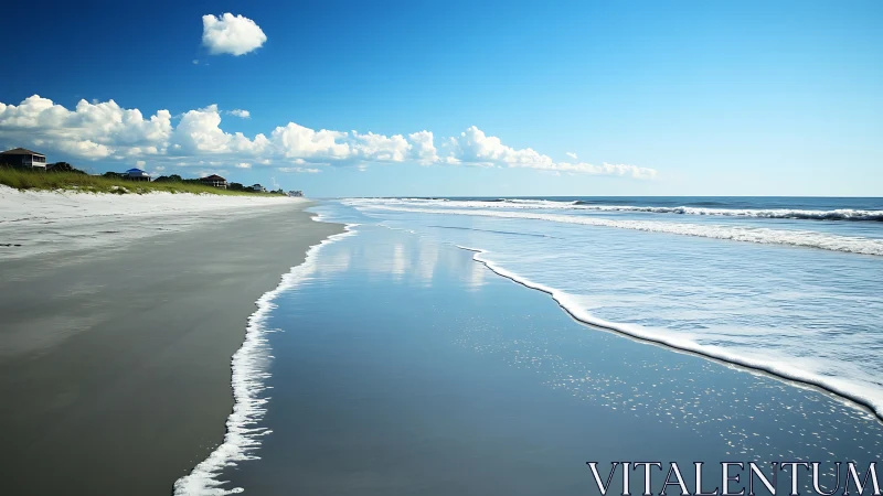 Sunlit shoreline stretches under calm blue coastal sky