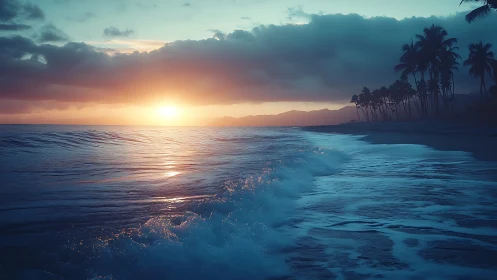 Sunset light washes tropical shoreline under dense clouds