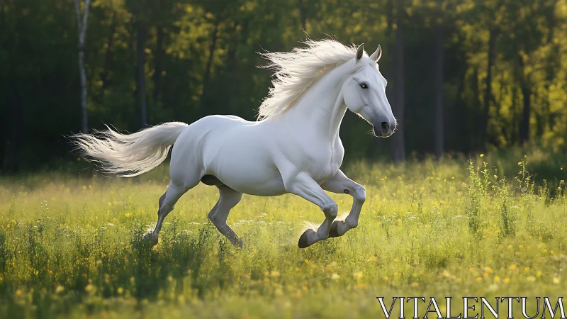 Sunlit ivory stallion streaking wild across forest meadow.