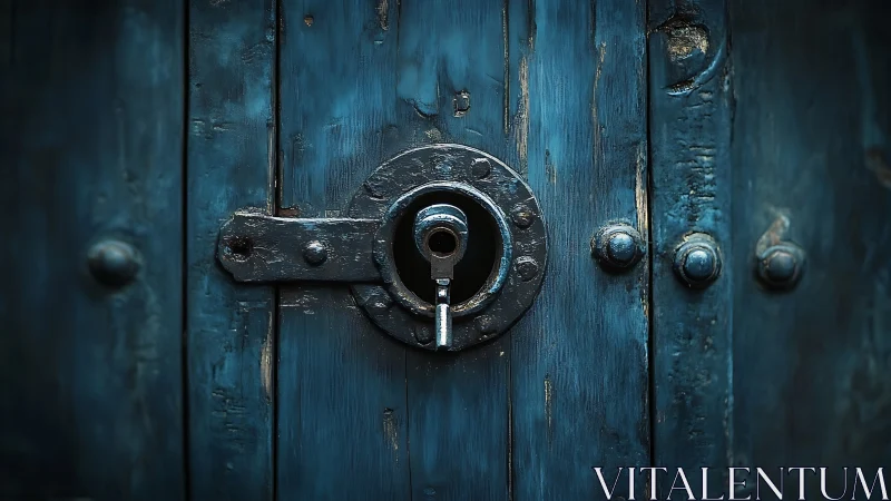 Weathered blue wooden door with central metal keyhole.