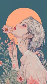 Dreamy floral muse gazing upward beneath pastel sun.