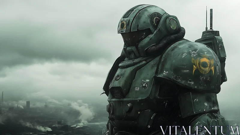 Armored exosuit sentinel in misty dystopian skyline frame.