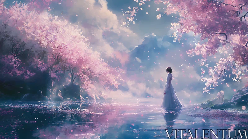 Silent dreamwalker beneath drifting cherry blossom skies.