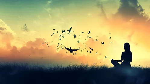 Silhouetted meditation figure observes radial bird flock at dusk