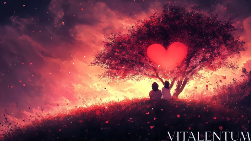 Luminescent Heart-Shaped Tree in Romantic Landscape Composition.