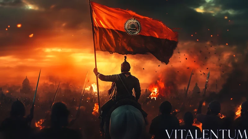 Warrior on horseback raising flag over burning battlefield.