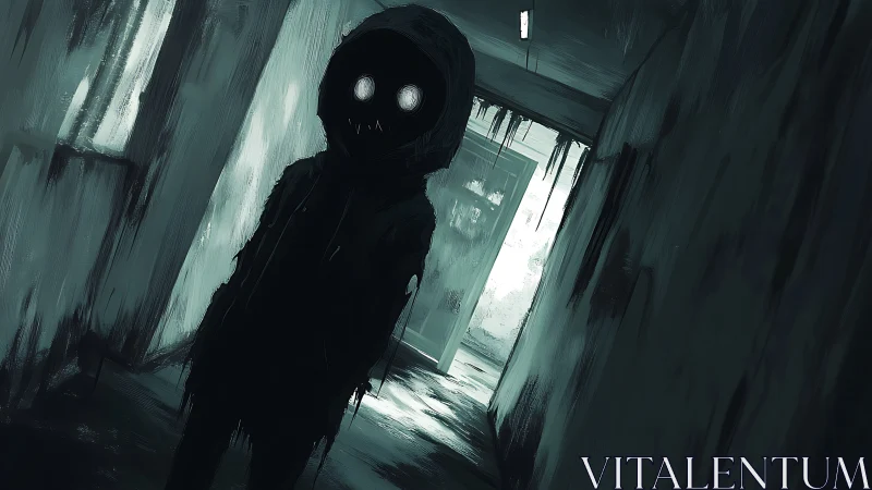 Hooded shadow figure haunts decayed corridor perspective