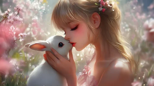 Spring-kissed girl meets rabbit in a hush-soft blossom dream