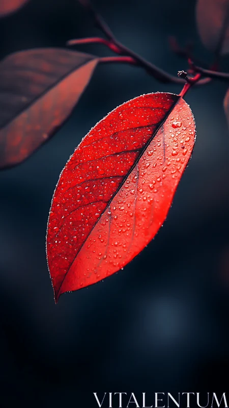 Scarlet raindrop leaf glowing against midnight forest hush.