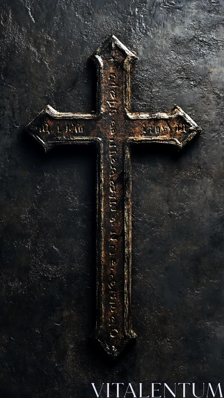 Timeworn iron cross whispering on soot-dark stone wall.