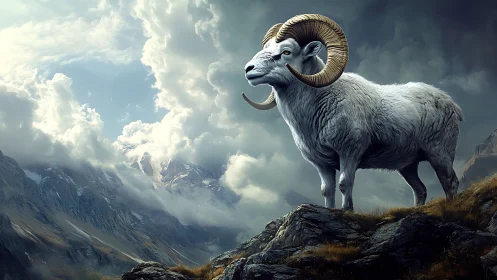 Majestic mountain ram under storm-lit alpine skies.