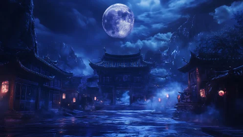 Midnight moonlit temple street wrapped in misty blue calm.