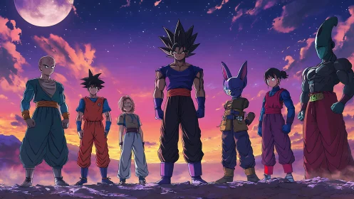 Twilight anime warriors aligned beneath a glowing moon.