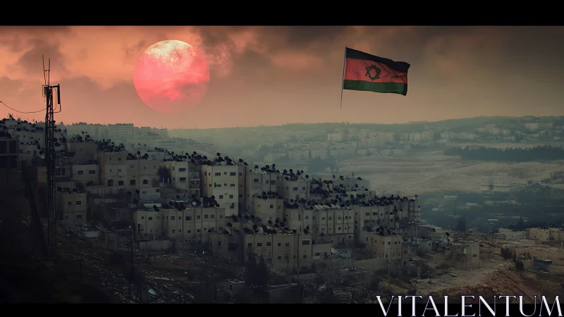 Dusky hillside city beneath a dramatic red setting sun.