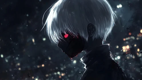 White-haired anime figure glows with a single red eye.