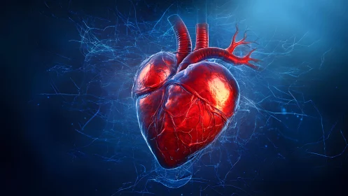 Realistic human heart illustration with glowing blue digital veins.