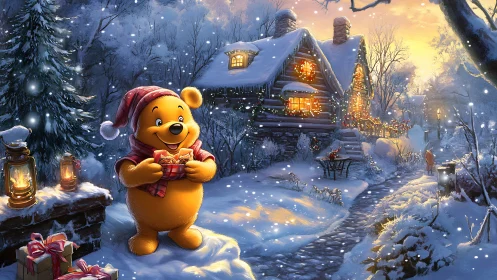 Winnie-the-Pooh holding gift in snowy holiday cottage scene.