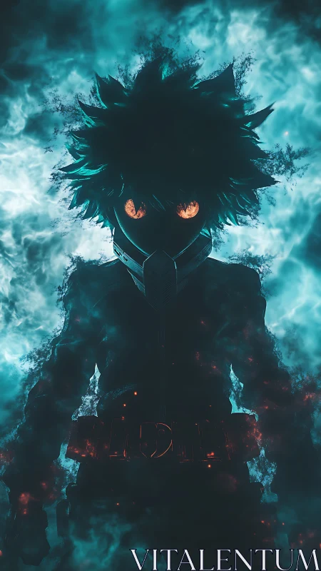 Masked anime hero stands in glowing teal storm silhouette
