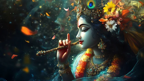 Divine blue-skinned flutist with jeweled crown and flowers