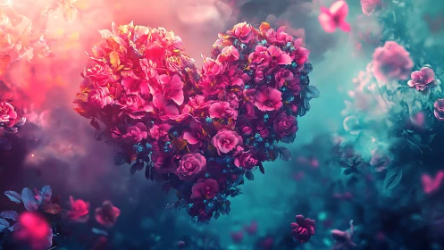 Heart-Shaped Floral Cluster with Luminous Pink and Teal Gradient