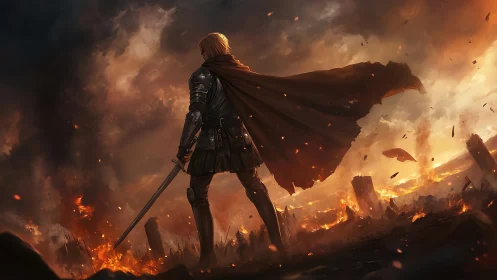 Armored figure surveys burning battlefield under stormy sky