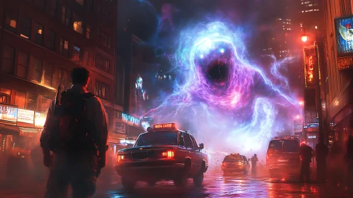 Neon vortex entity engulfs wet city street in cinematic standoff