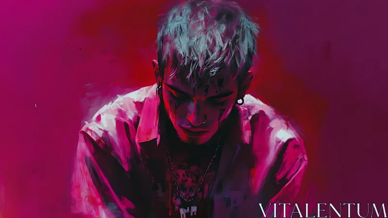 Neon-lit portrait of brooding figure in saturated magenta haze.