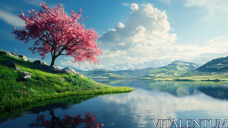 Landscape depicts lake, flowering tree, hills and distant peaks