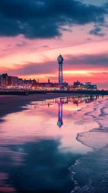 Coastal tower skyline glows over reflective sunset shore.