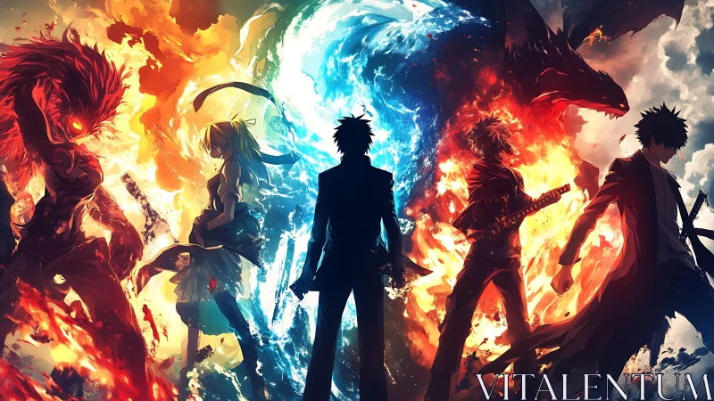 Elemental anime warriors aligned in fiery and aquatic vortex.