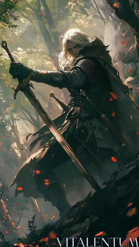 Digital painting of elven swordsman framed by dramatic backlight.