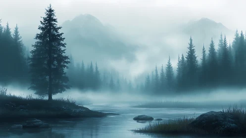 Fog-draped alpine lake with brooding evergreen forest.