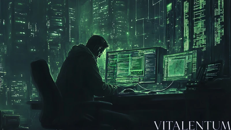 Midnight codeweaver bending neon data in a cyber cityscape.