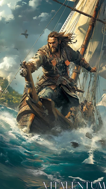 Storm-driven pirate captain leading a wooden longship raid.
