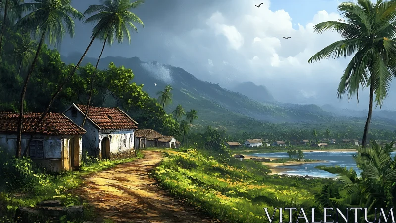 Tropical Mountain Valley with Abandoned Structures and Palm Trees.