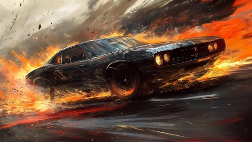 Muscle car surges through blazing fire in a cinematic rush
