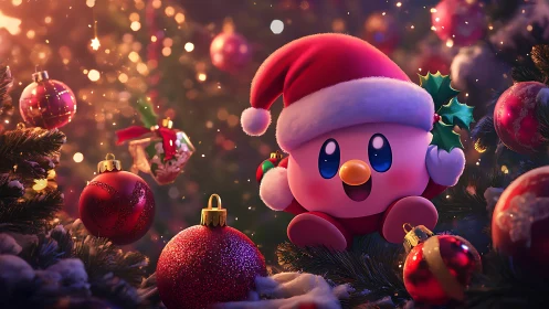 Festive pink mascot in Santa hat amid depth-rich Christmas bokeh