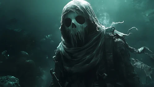 Hooded skeletal figure stands submerged in dim aquatic light