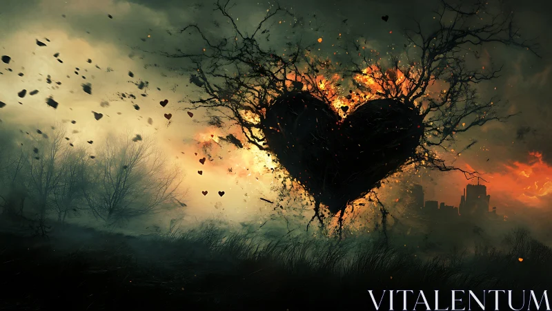 Burning Heart Erupts Against Desolate Wasteland