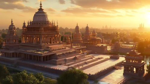 Sunlit temple complex with stepped platforms and towers.