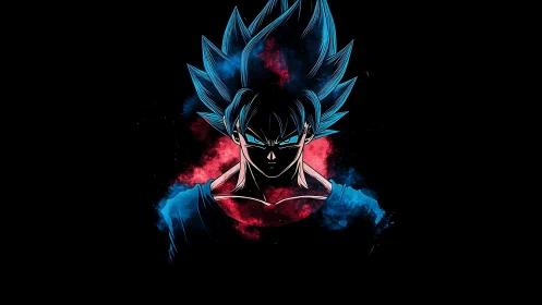 Stylized blue-haired anime figure is centered against black