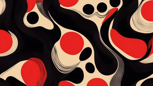 Bold Abstract Art With Red Circles and Black Wavy Lines Pattern.