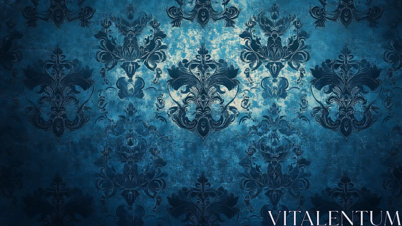 Blue damask wallpaper pattern with worn textured surface.