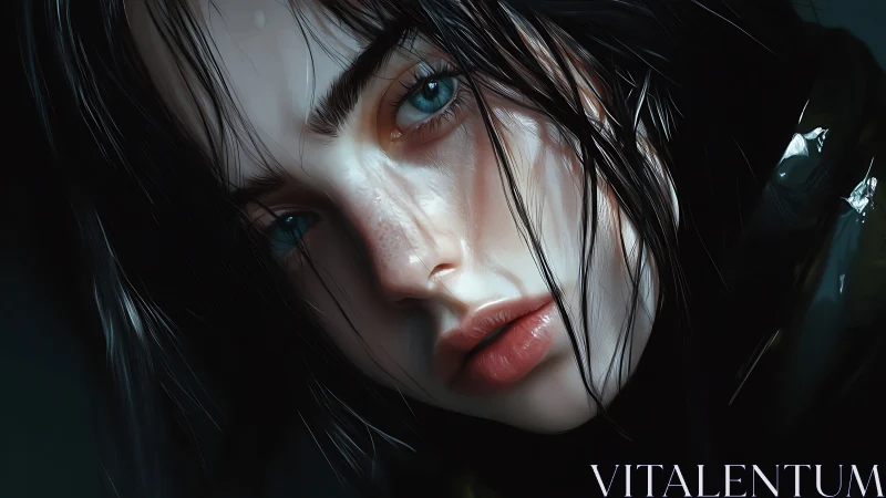 Close portrait shows wet-haired woman with intense blue gaze