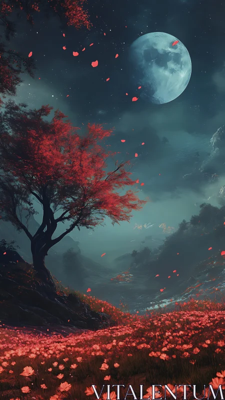 Moonlit red meadow welcomes quiet night wanderers