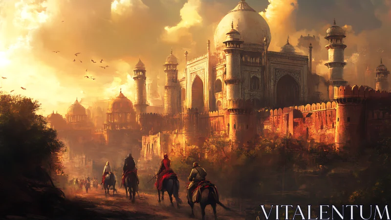 Riders approach sunlit Mughal palace under glowing sky
