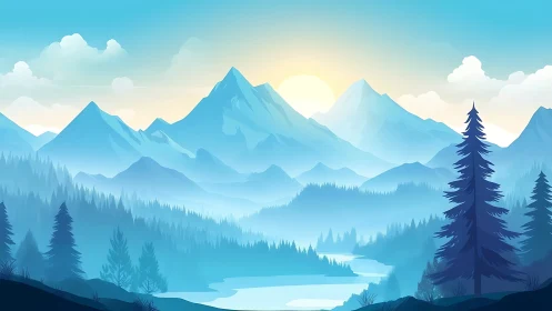 Digital painting of layered alpine valley at sunrise in cool hues.